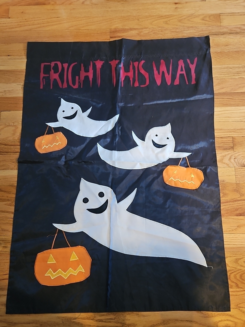 Halloween Ghost Outdoor Flag- Black with White Ghosts and Orange Pumpkins